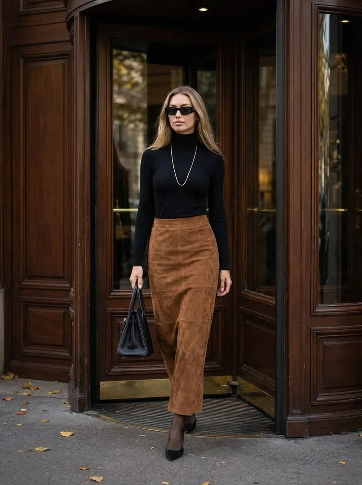 Black turtleneck with a long tan suede skirt and sunglasses