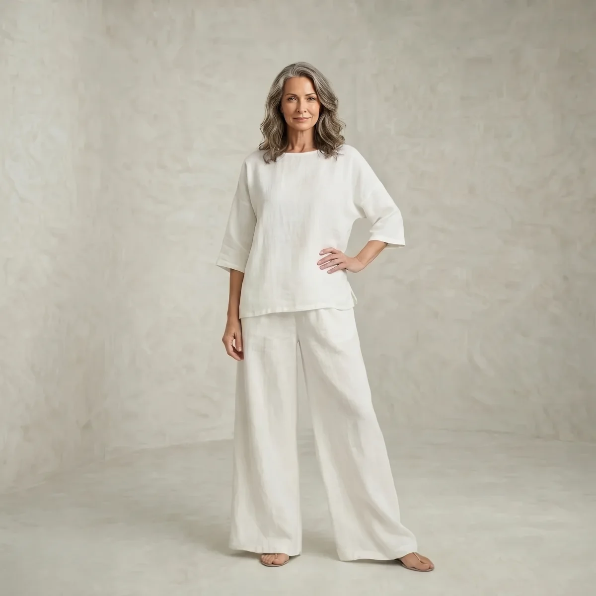 Mature woman in white linen tunic and white wide leg pants