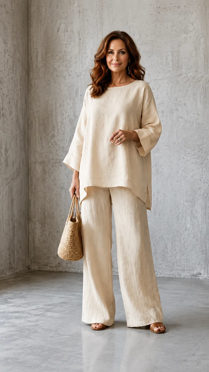 Mature woman in cream linen tunic and wide pants with straw bag