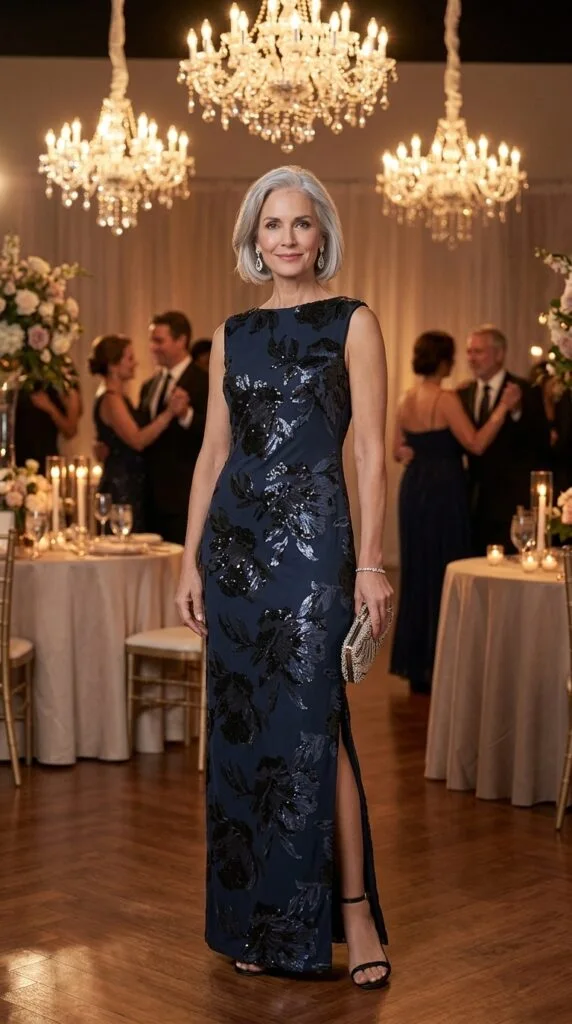 Mature woman in navy floral sequin gown at evening event