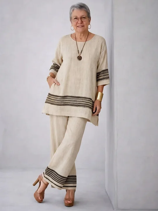 Mature woman in striped beige linen tunic and pants