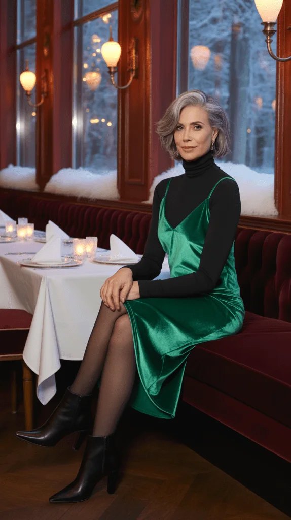 Mature woman in emerald satin slip dress over black turtleneck