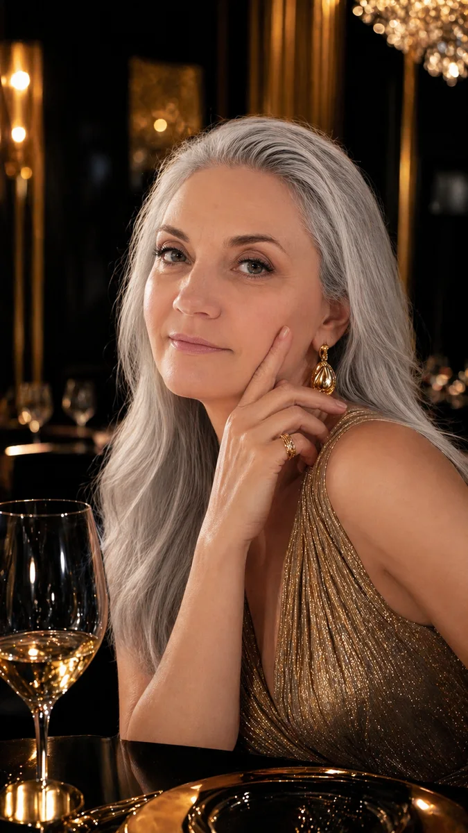 Mature woman in gold sequin top at dinner