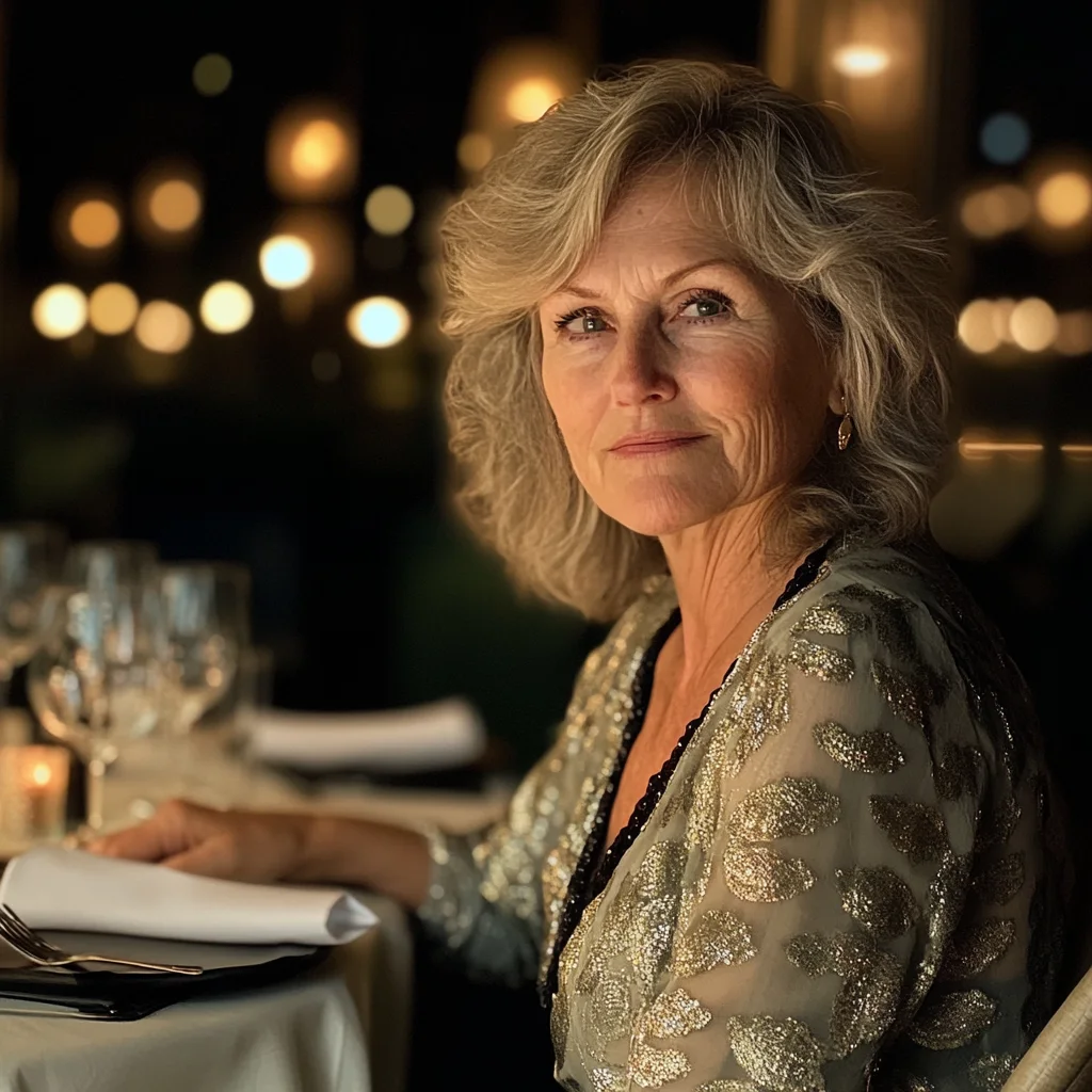 Mature woman in gold brocade top