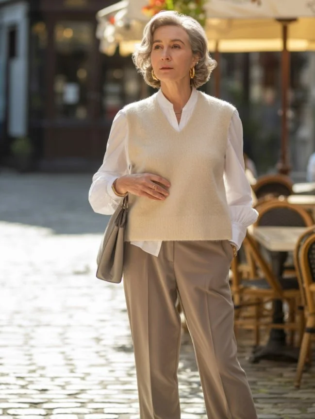 Mature woman in cream sweater vest white shirt and tan pants