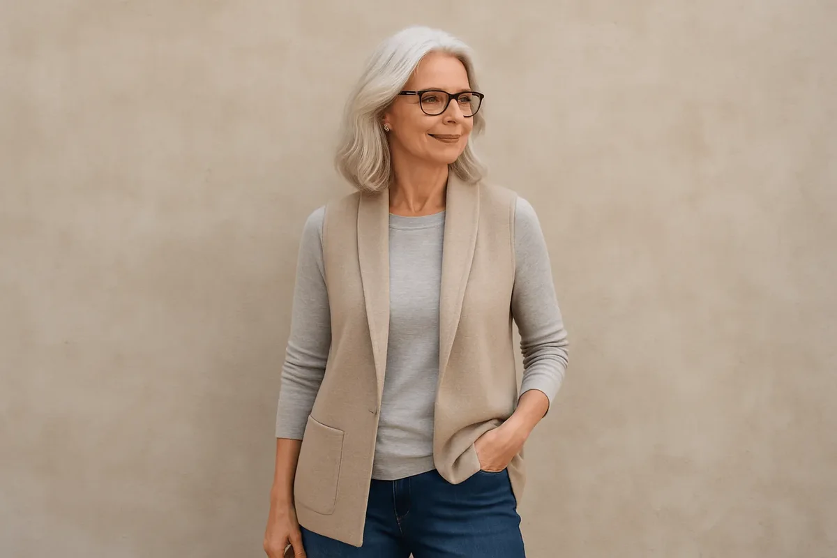 Mature woman in beige drape vest gray top and jeans