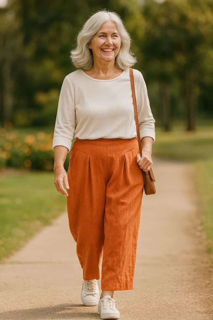 Mature woman in cream top and rust wide pants with sneakers