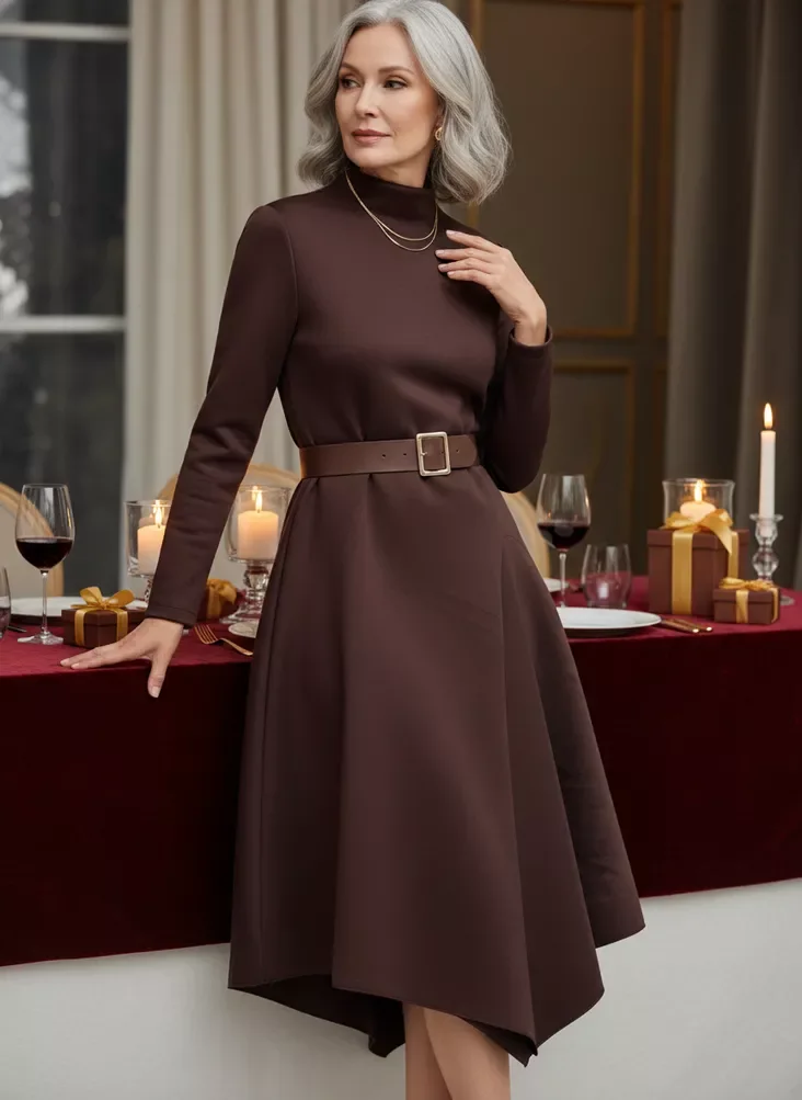 Mature woman in brown belted dress at dinner table
