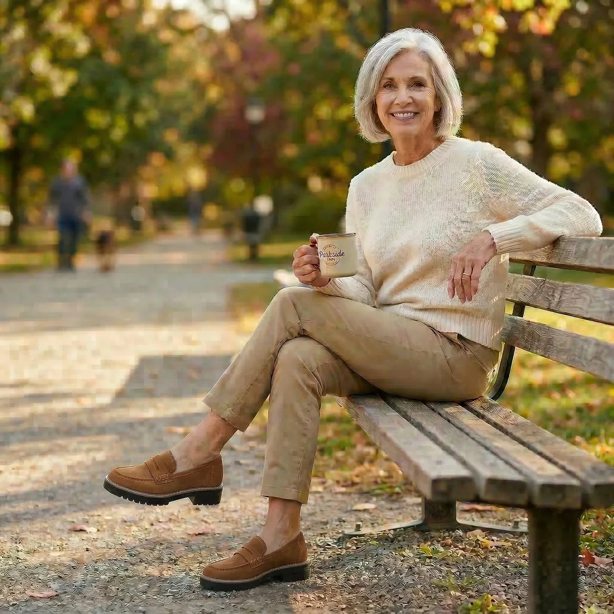 Mature woman in cream sweater and khaki pants with loafers