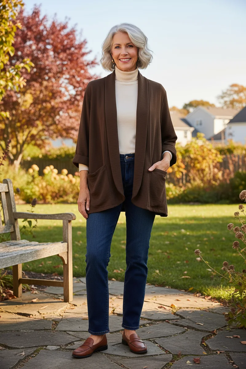 Mature woman in brown cardigan white turtleneck and jeans