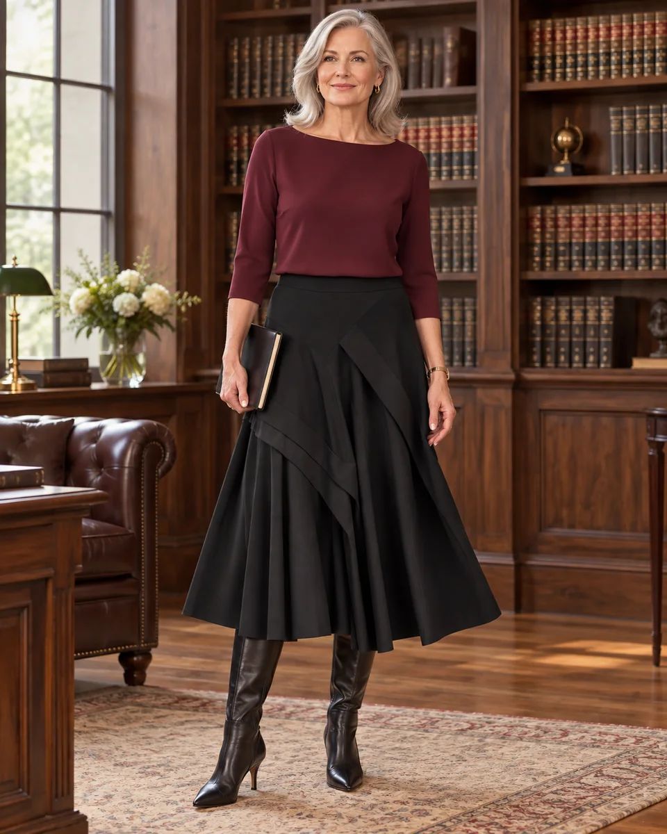 Mature woman in burgundy top black midi skirt and boots