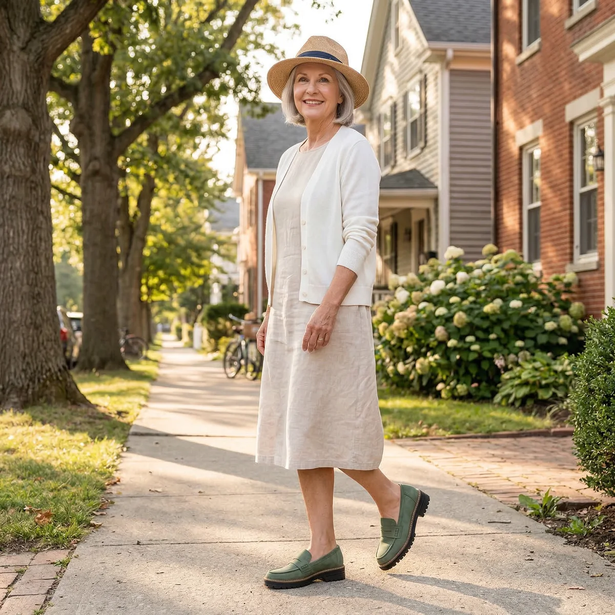 Mature woman in cream dress white cardigan and sun hat