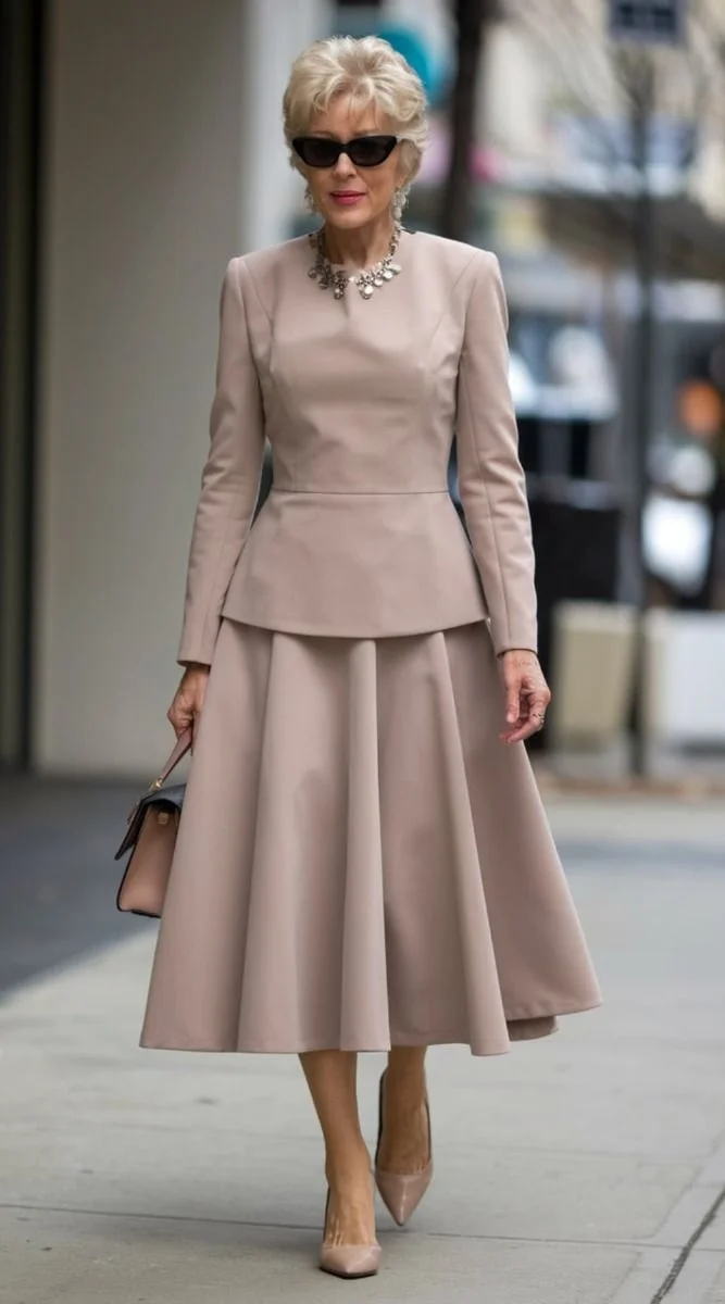 Elegant fall church outfit: taupe peplum skirt suit