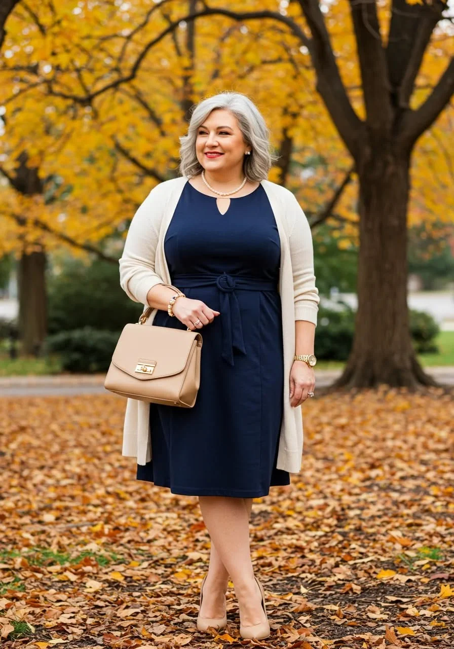 Elegant fall church outfit: navy dress with cream cardigan