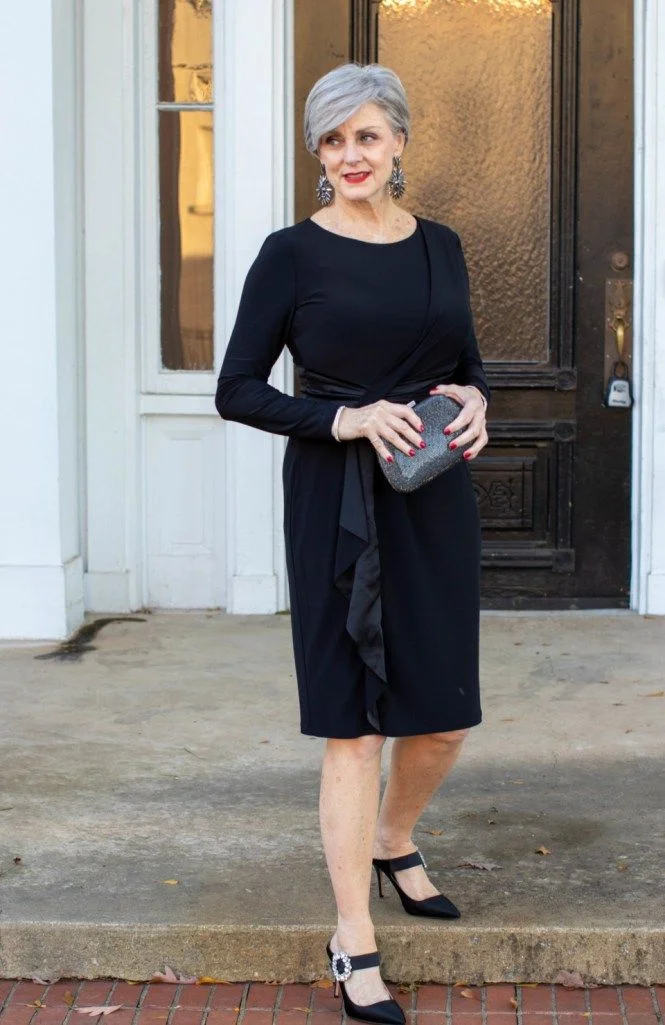 Elegant fall church outfit: black wrap dress with heels