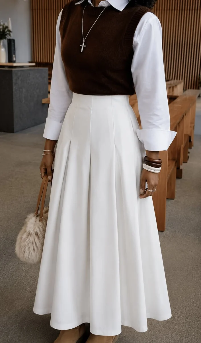 Modest fall church outfit: white blouse with brown vest and pleated maxi skirt