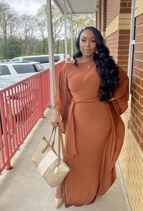 Modest fall church outfit: rust wrap maxi dress
