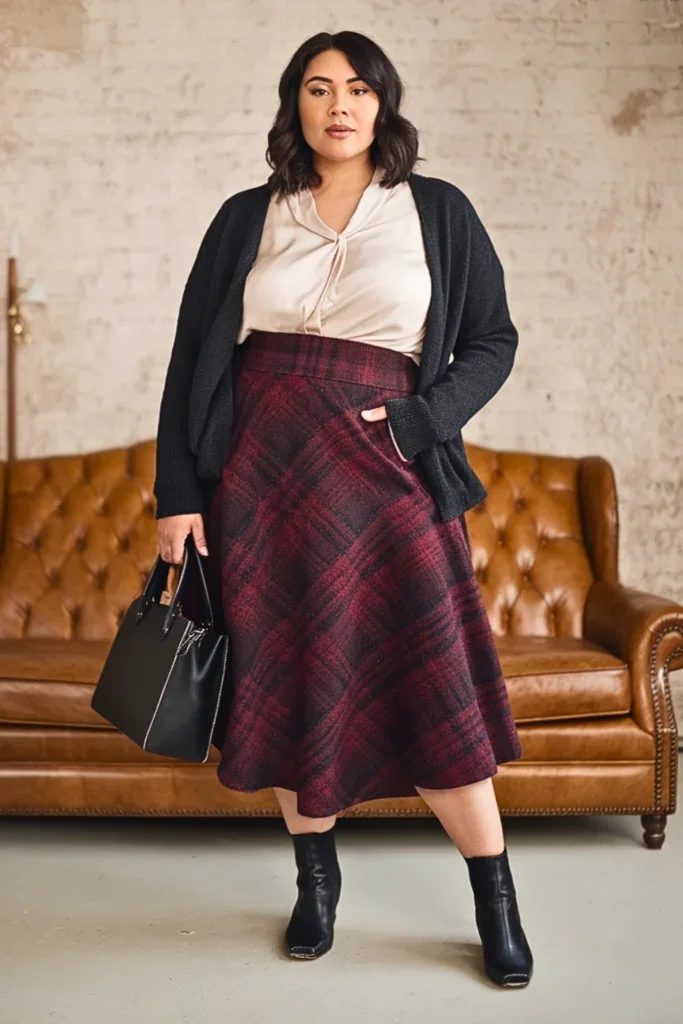 Modest fall church outfit: burgundy plaid midi skirt with black cardigan