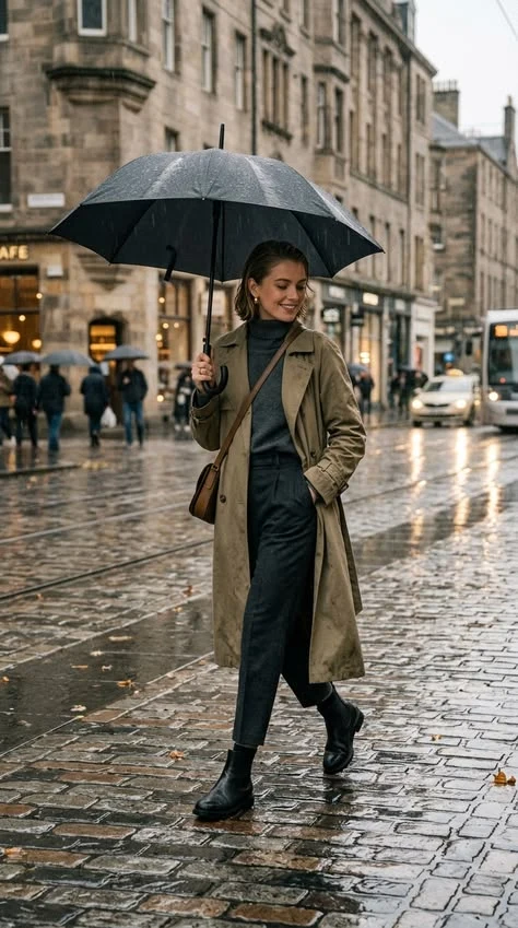 Fall rainy day outfit: woman in a classic trench coat holding a black umbrella on a cobblestone street
