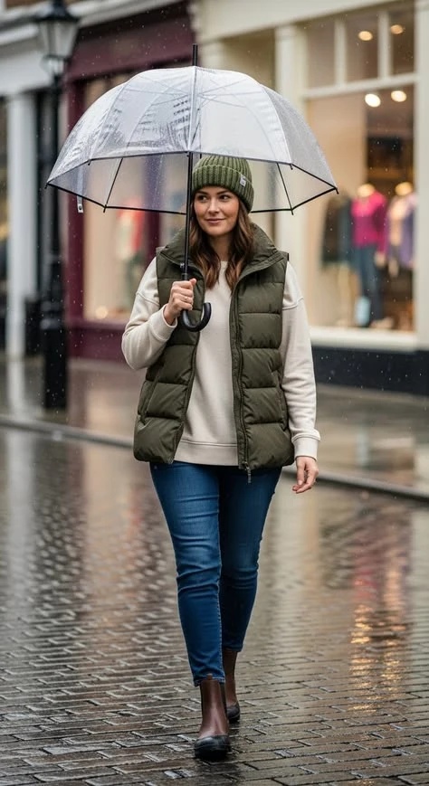 Fall rainy day outfit: puffer vest with a clear umbrella and rain boots