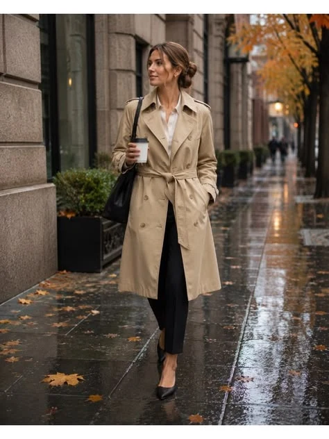 Fall rainy day outfit: classic beige trench with boots on a rainy street