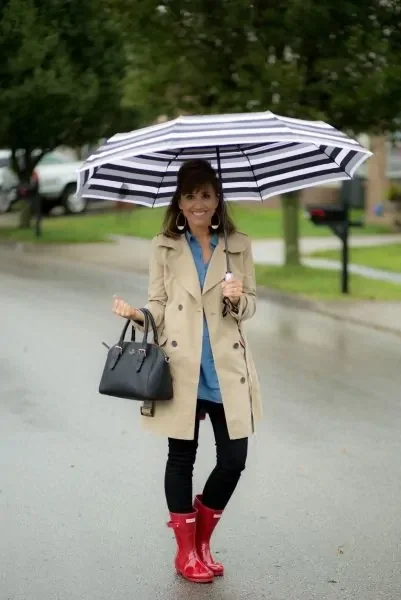 Fall rainy day outfit: trench coat with striped umbrella and red rain boots