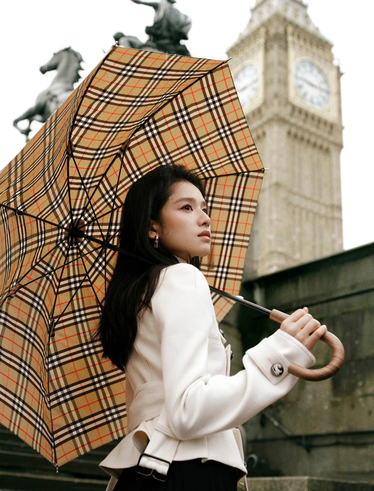 Fall rainy day outfit: checkered umbrella with coat on a rainy London street