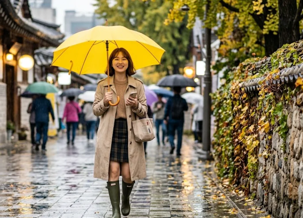 Fall rainy day outfit: beige trench with yellow umbrella and rain boots on a wet autumn street