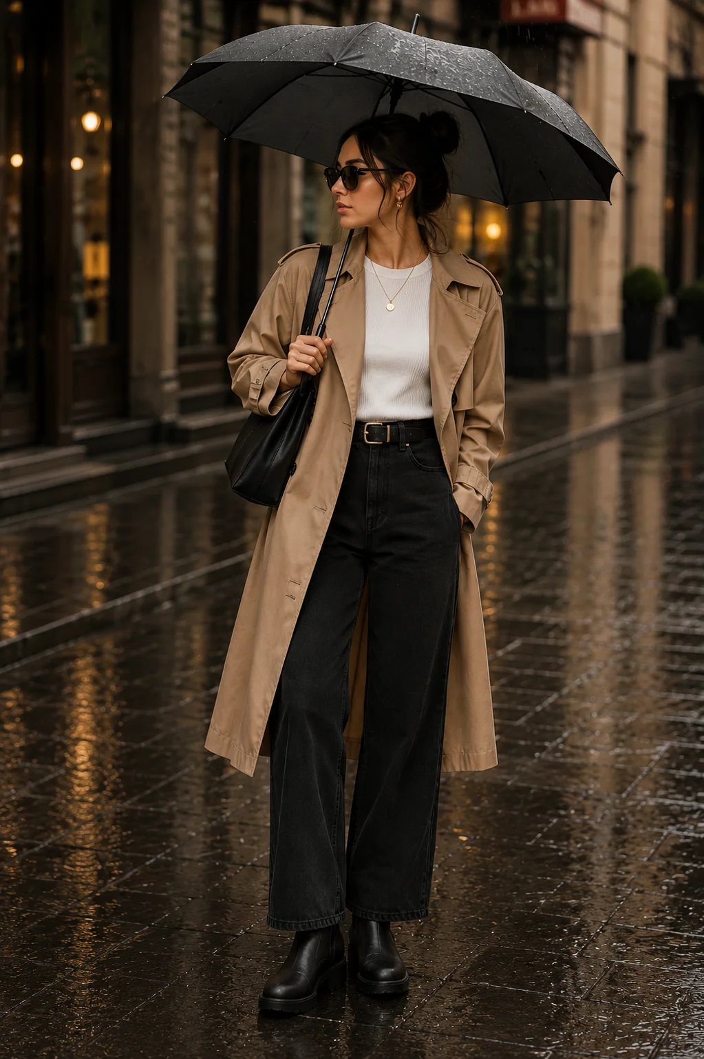 Fall rainy day outfit: beige trench coat with black pants and boots under umbrella in rain