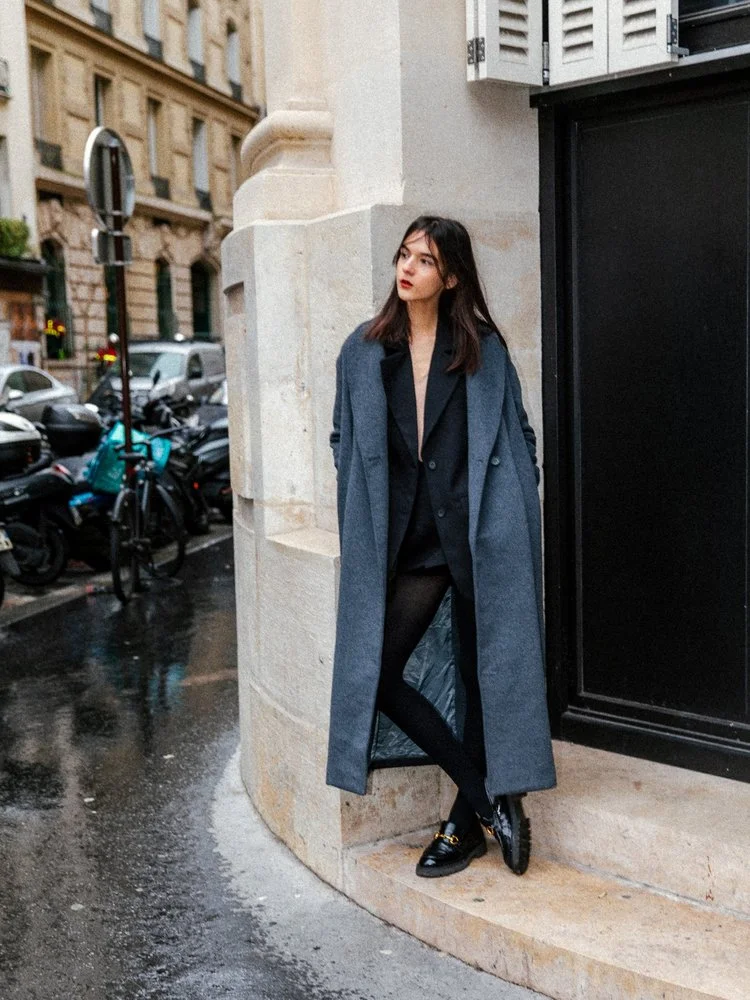 Fall rainy day outfit: charcoal gray coat on a wet street