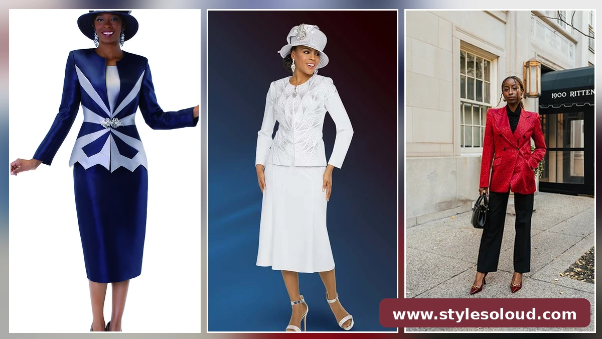 Elegant Veterans Day outfits for Black women in their 50s: navy suit, white suit and red blazer