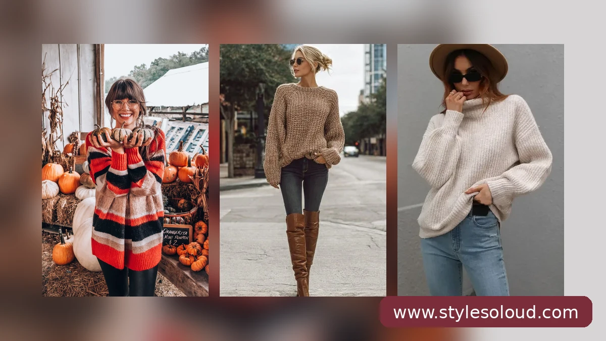 Featured image: three cozy Thanksgiving sweater outfits