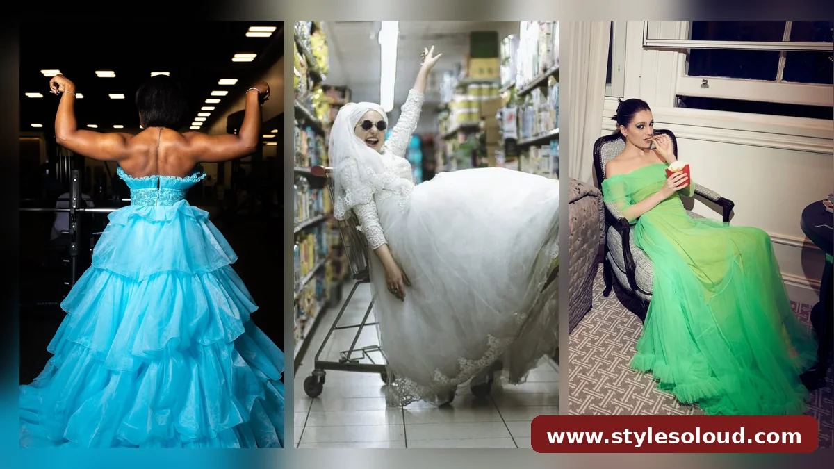 Woman in ballgown at the gym, bride with shopping cart, and woman in green gown eating fries collage