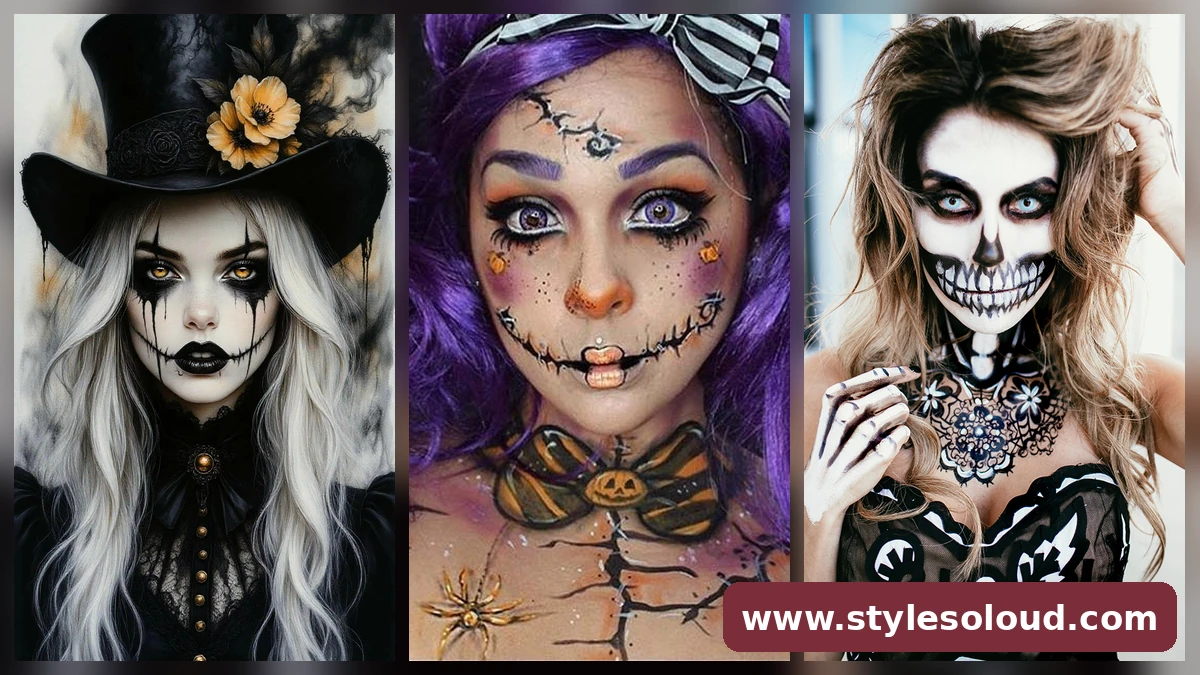 33 Halloween Makeup Ideas collage: top hat skeleton, purple stitched skull and glam skull makeup