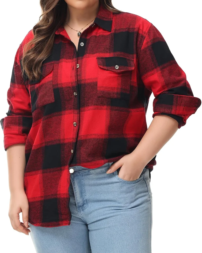 Plus size fall game day outfit: red and black buffalo plaid flannel shirt with jeans