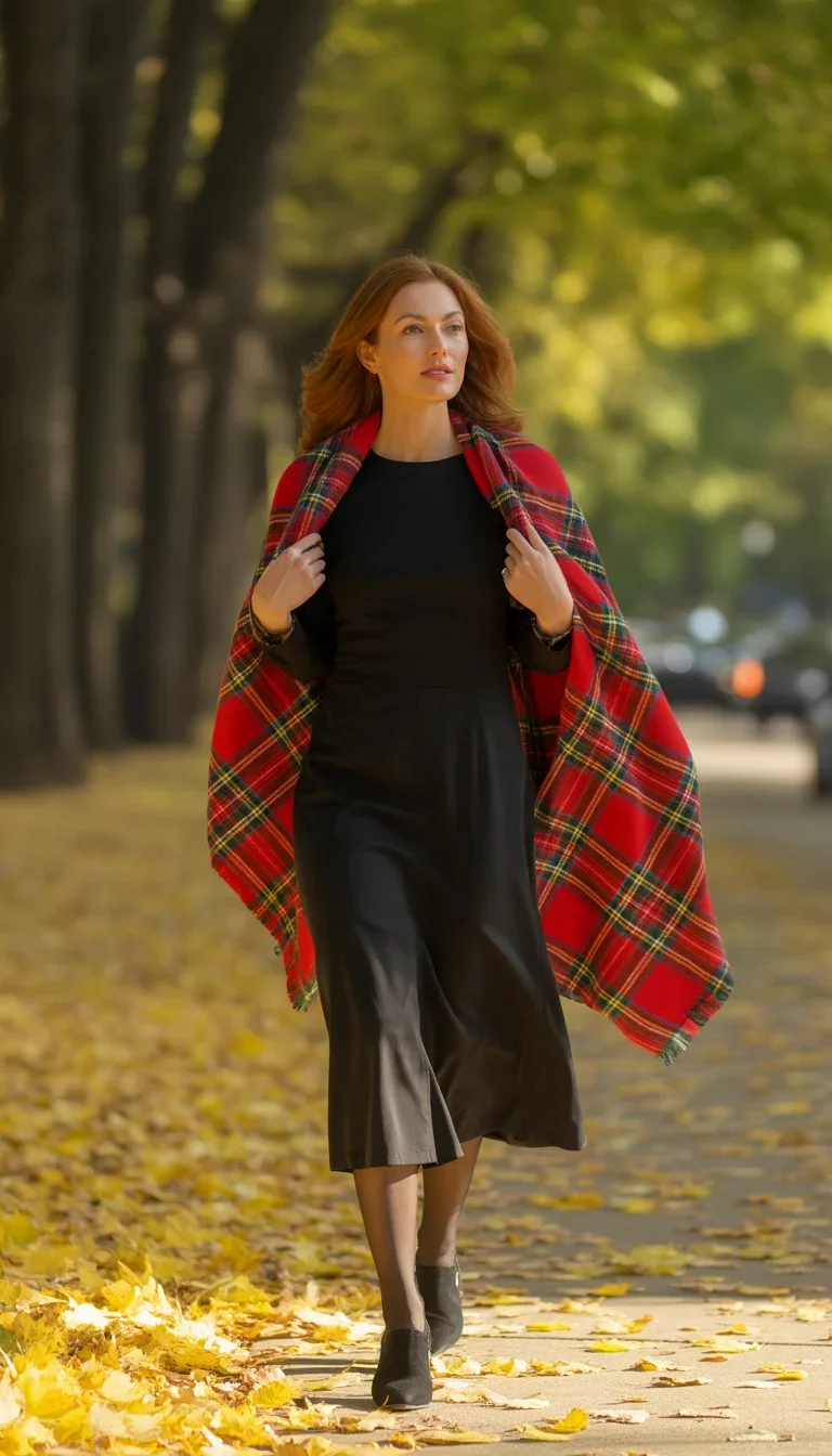Plus size fall game day outfit: red plaid shawl draped over black dress