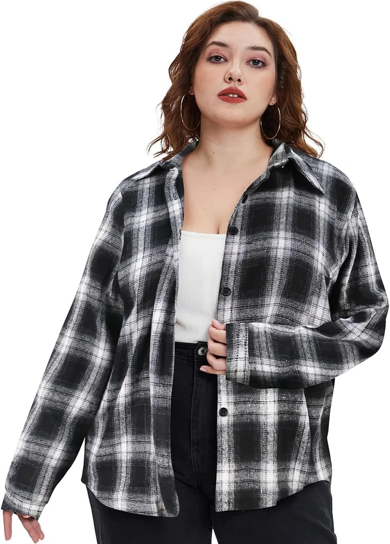Plus size fall game day outfit: black and white buffalo check flannel over black top