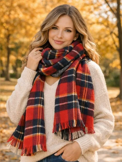 Plus size fall game day outfit: red plaid scarf with cream sweater