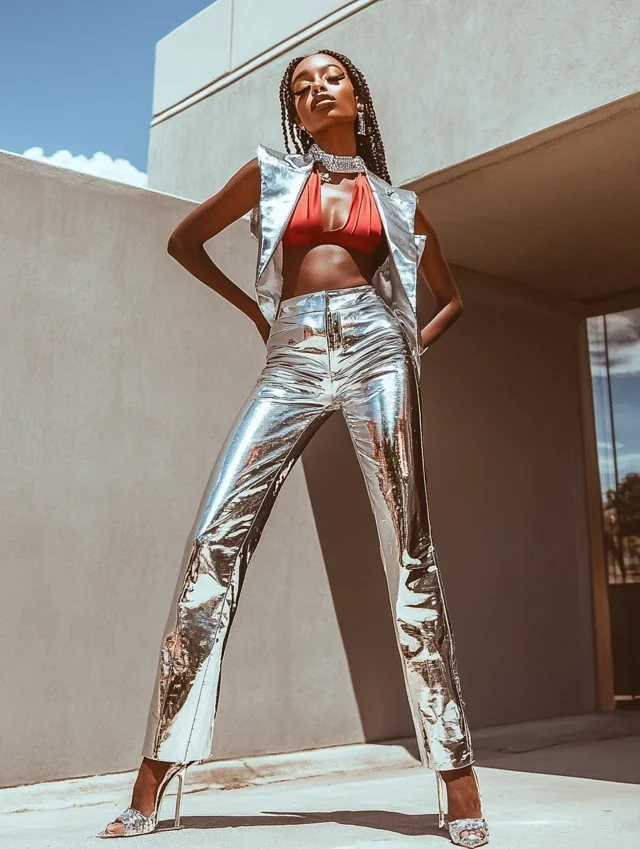 Silver metallic bra top with wide-leg trousers