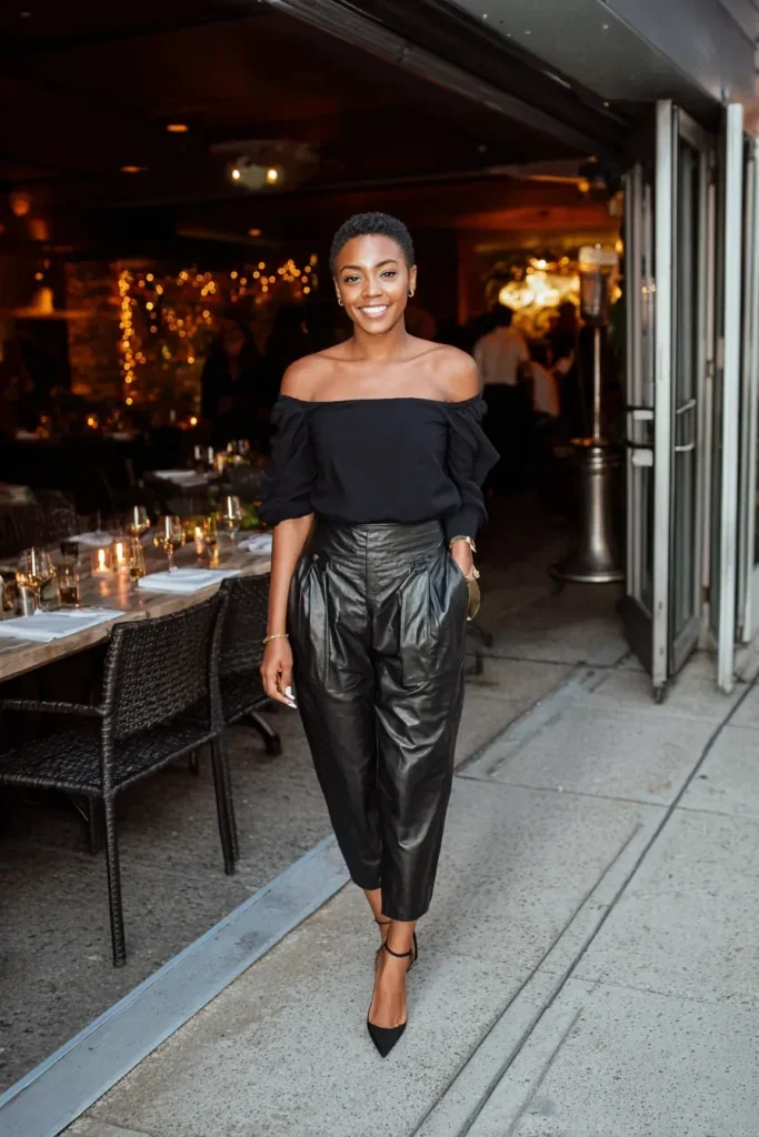 Black off-shoulder top with black leather trousers
