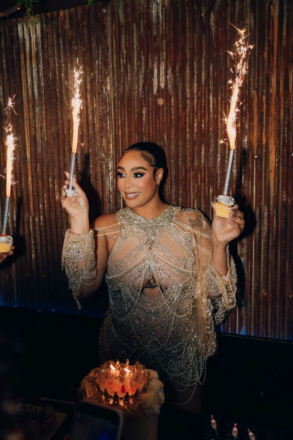 Sheer champagne embellished dress with sparklers
