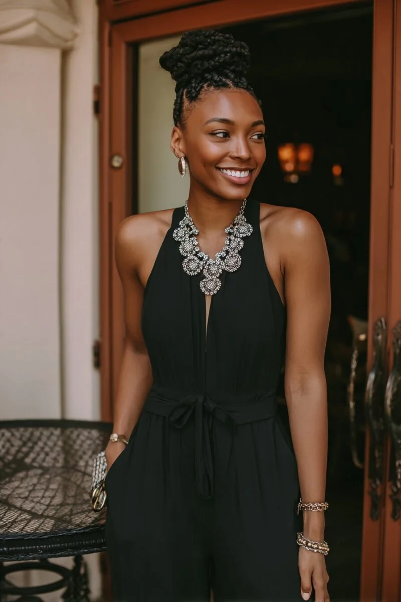 Black halter-neck jumpsuit with a statement necklace