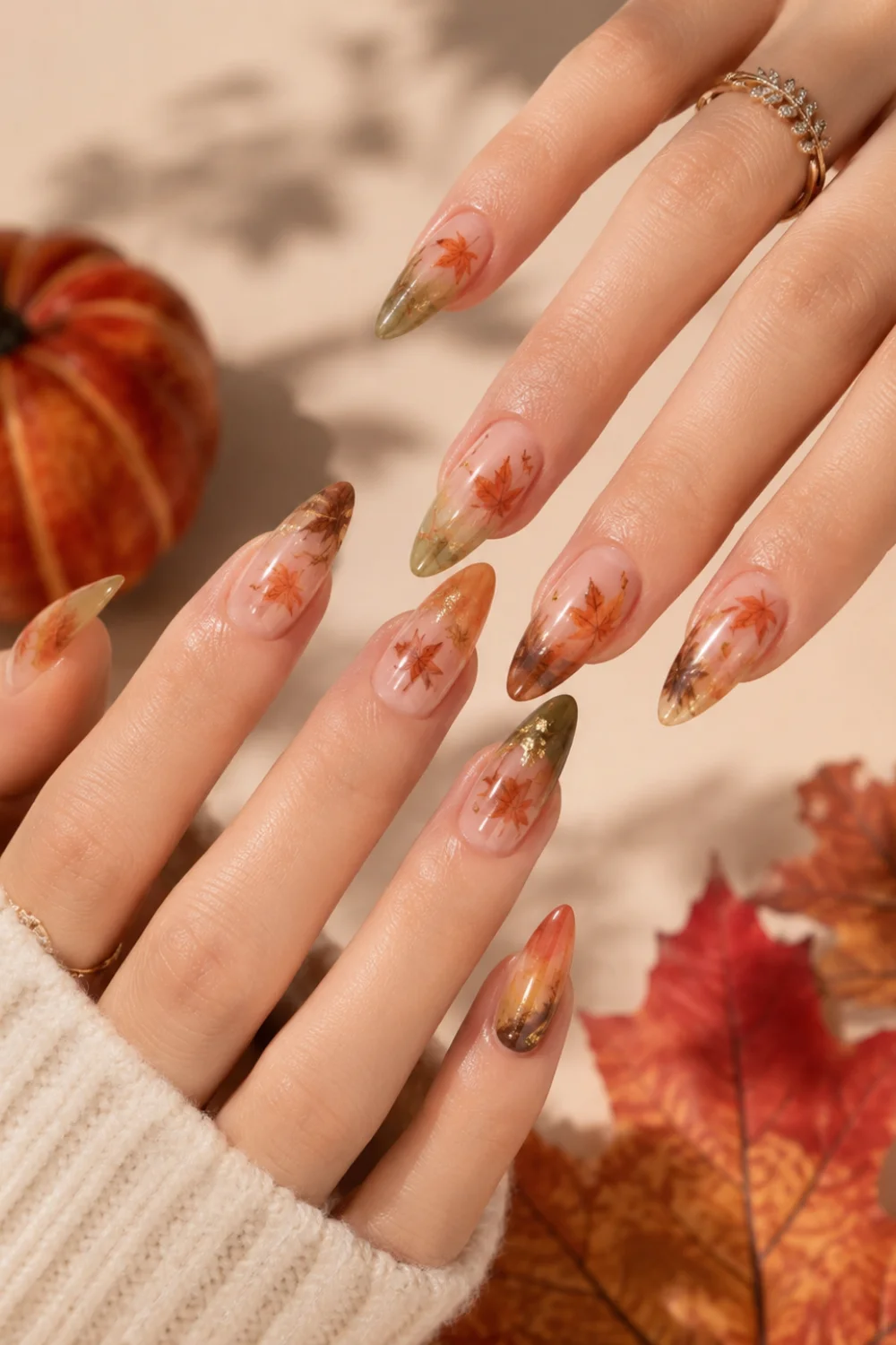 Fall nail ideas: orange ombre nails with leaf designs
