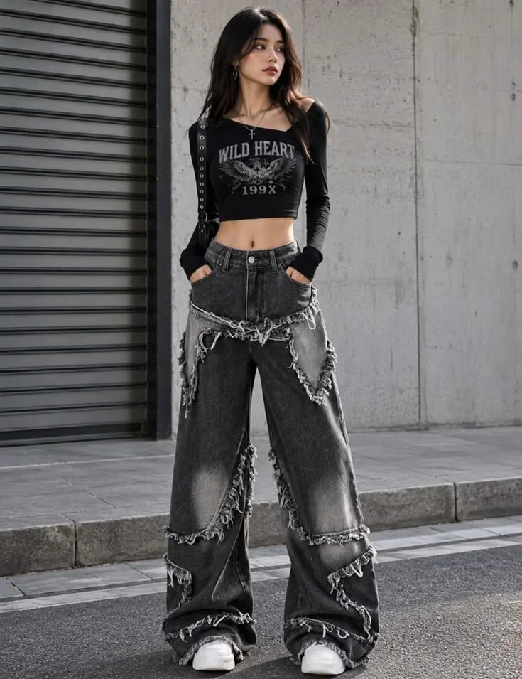 Goth outfit with jeans: grey wide-leg jeans with black off-shoulder top