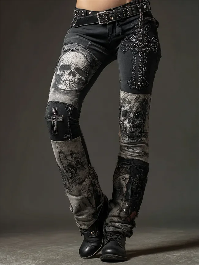 Goth outfit with jeans: skull print bootcut jeans