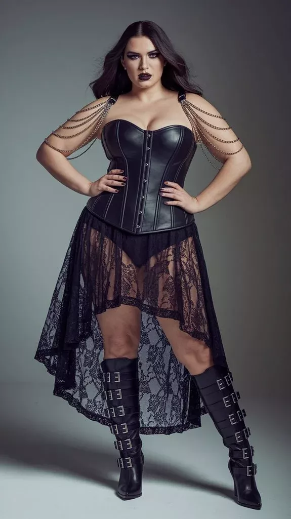 Plus size woman in a black faux-leather corset with chain shoulder drapes, lace high-low skirt and buckle boots