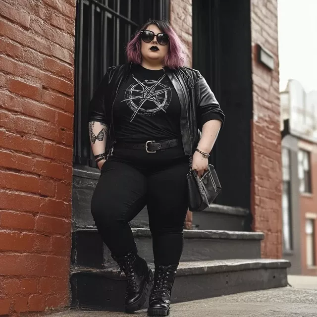 Plus size woman in street style: black leather jacket, graphic tee, black jeans and combat boots
