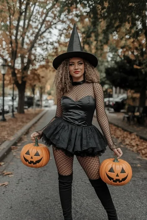 Halloween costume for women: street style witch with pumpkin