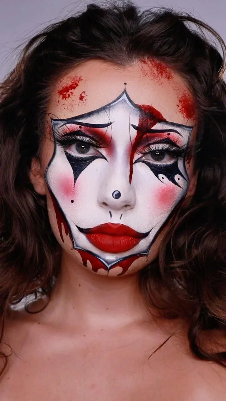 Bloody porcelain clown makeup with red drips, black clown details and red lips