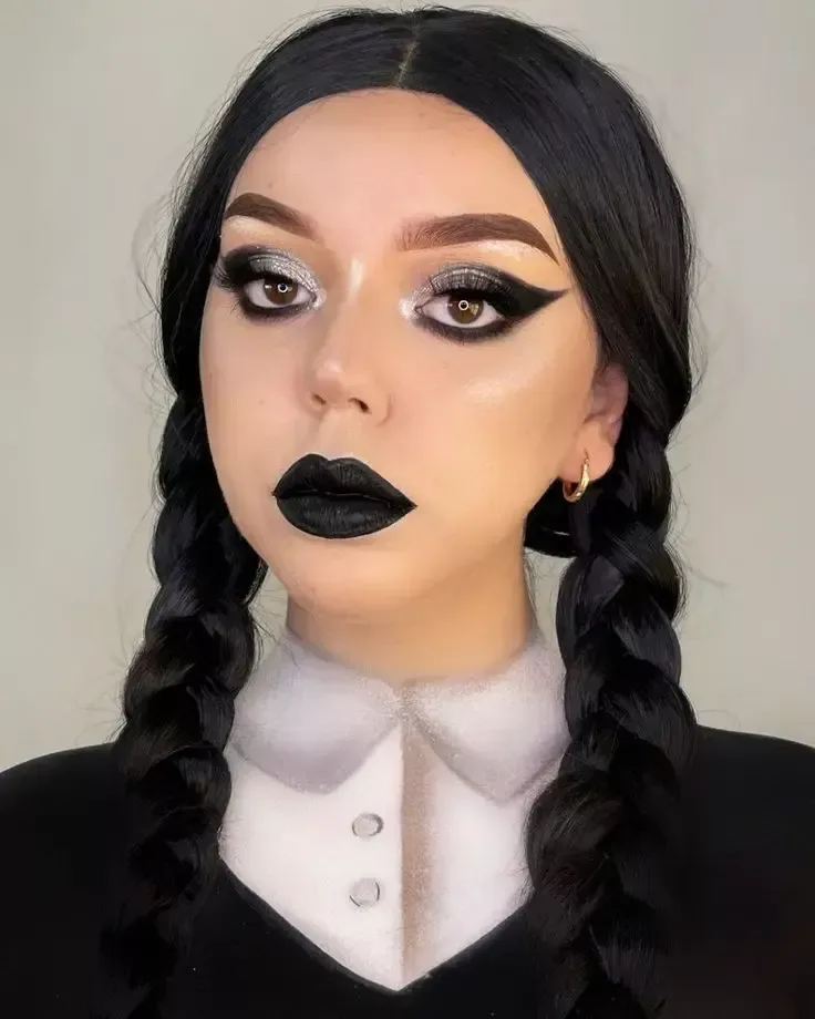 Wednesday Addams makeup with braids and black lips